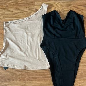 SHEIN Black Solid V Bra Bodysuit & Apricot SHEIN BASICS Solid One Shoulder